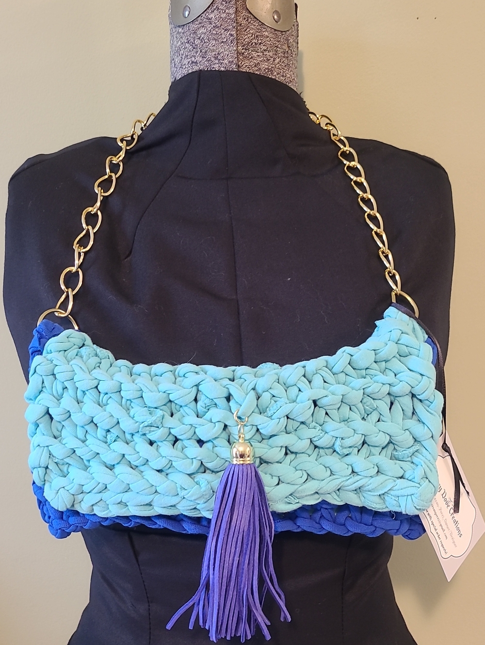 Handknit Blue Shoulder Bag with Tassel By Grey Dove Creations